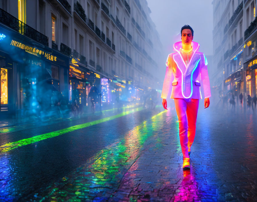 Person walking on misty city street at night in neon outfit