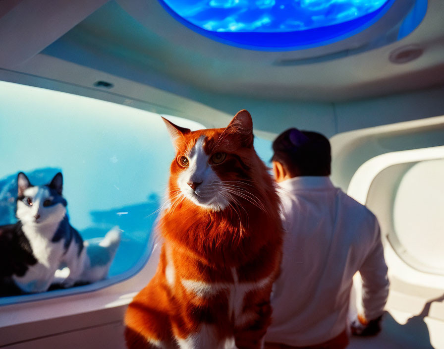 Orange Cat with Striking Eyes in Modern Vehicle with Circular Windows