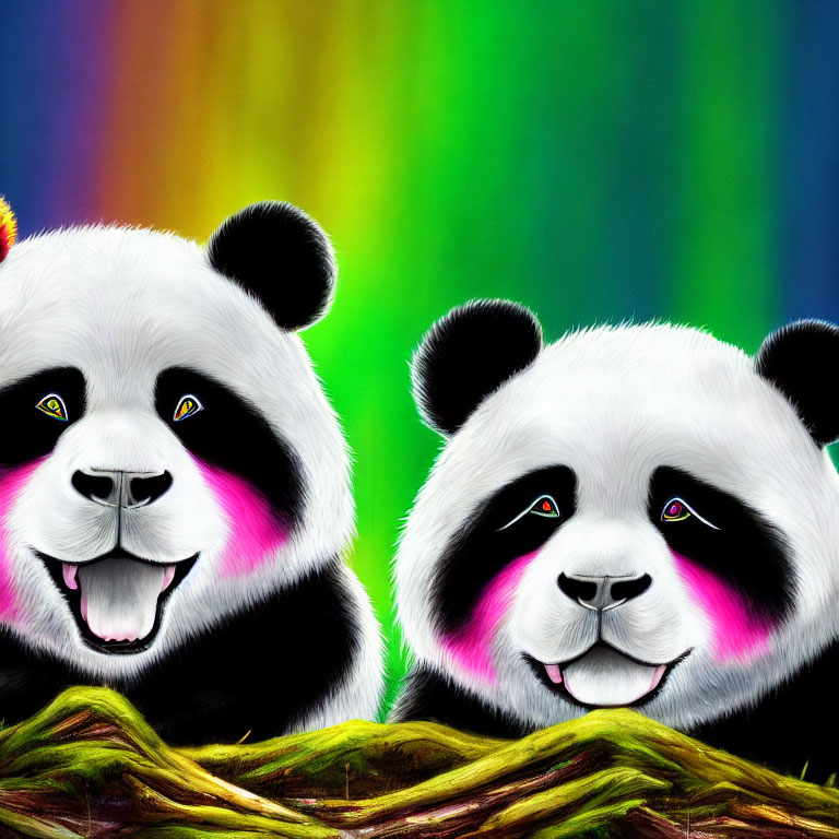 Colorful Stylized Pandas Resting on Wood Log Against Abstract Background