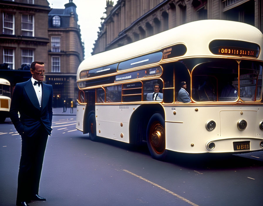 Man in tuxedo by vintage bus in city street with classical architecture