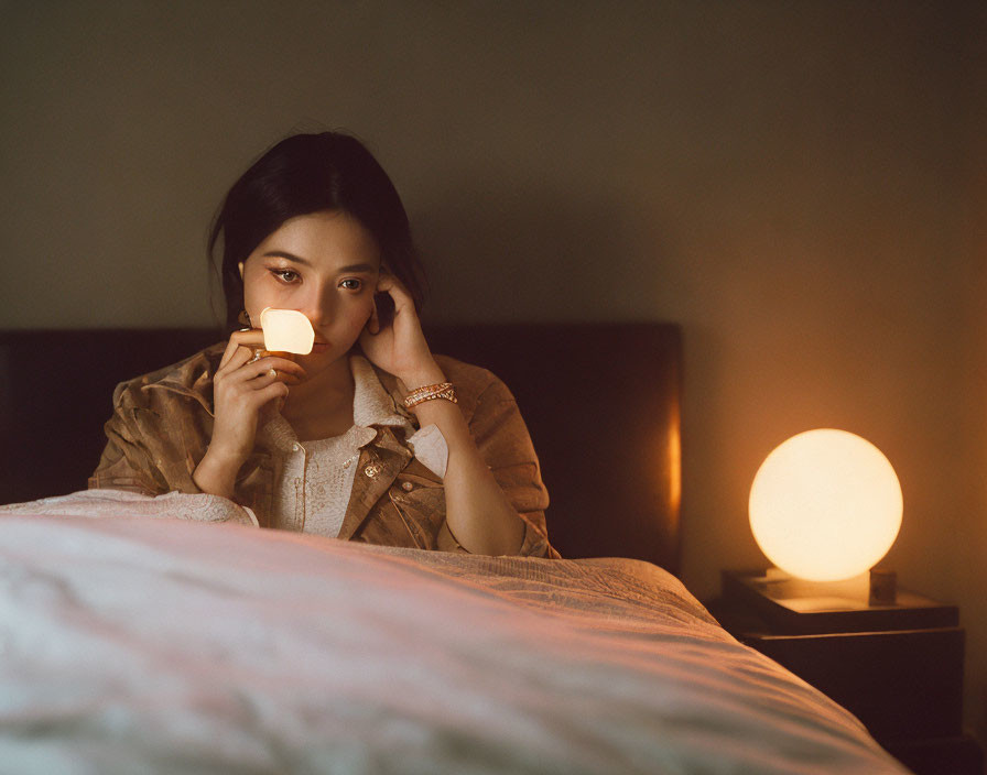 Woman holding glowing cube on bed with warm lamp light