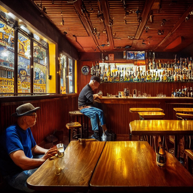 Pub Interior: Two Men, Drinks, Warm Lighting, Stained Glass Windows