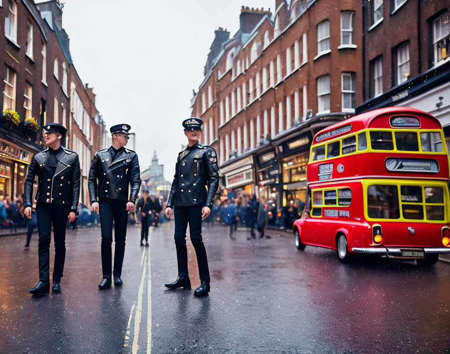 Three uniformed police officers on wet city street with red double-decker bus.