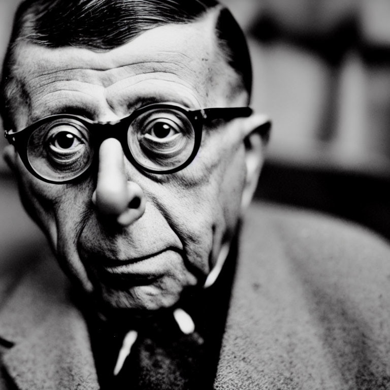 Monochrome portrait of man with round glasses and pointed nose