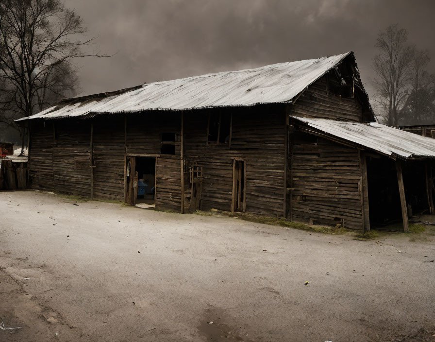 Weathered wooden barn with slanted tin roof in barren landscape.