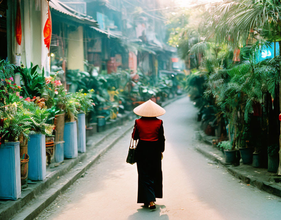 Traditional Attire Person Walking in Serene Alley With Conical Hat