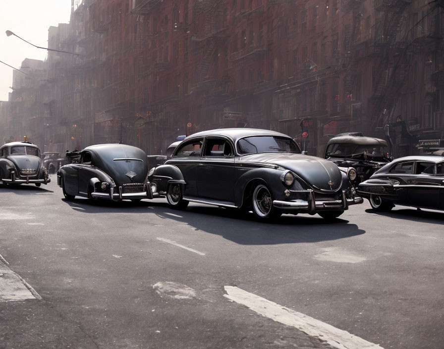 Classic cars in urban setting with noir vibe