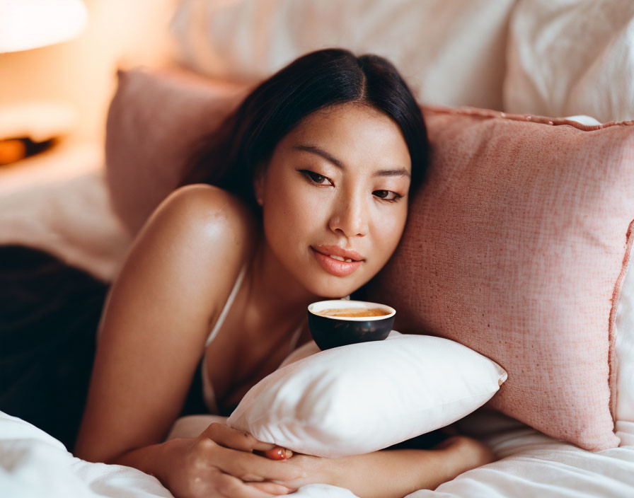 Woman resting on pillow in bed with cup of coffee and serene expression