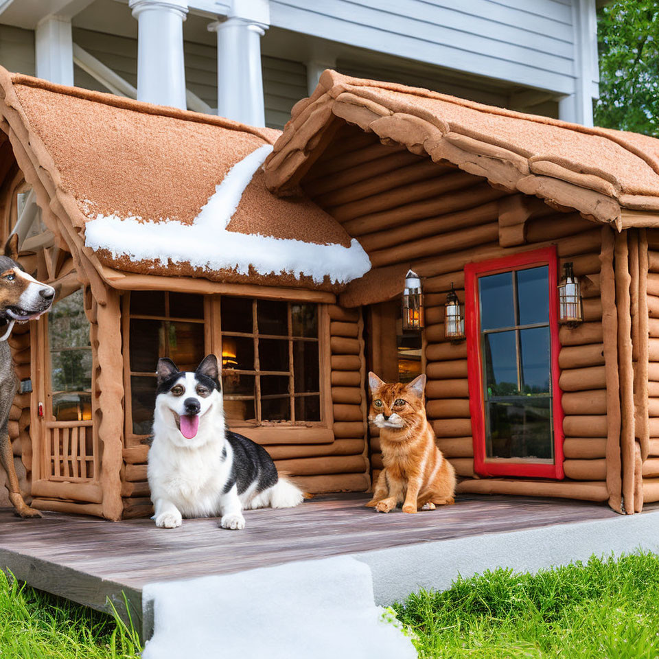 Dog and cat on snowy roofed log cabin-style doghouse porch by house with white columns