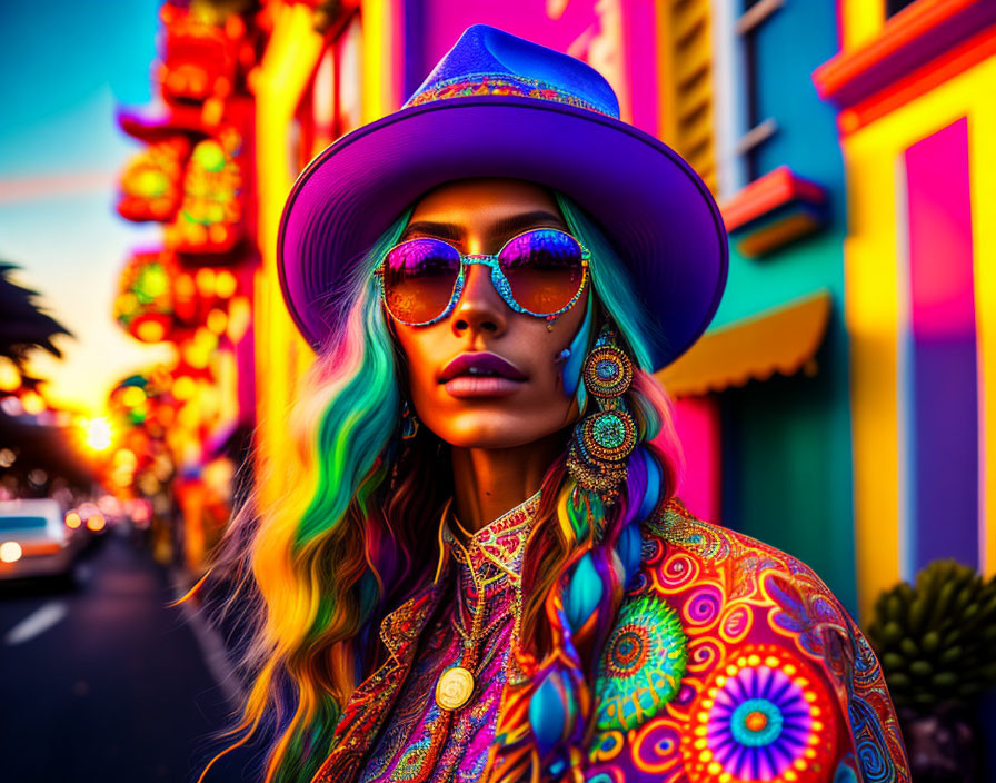 Colorful portrait of woman with multicolored hair and sunglasses in city sunset backdrop