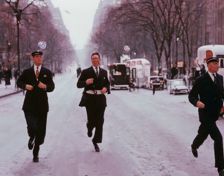 Vintage cars and snowy street scene with three men in suits and hats.