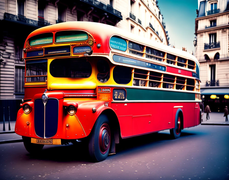 Vintage Double-Decker Bus in Red and Yellow on City Street