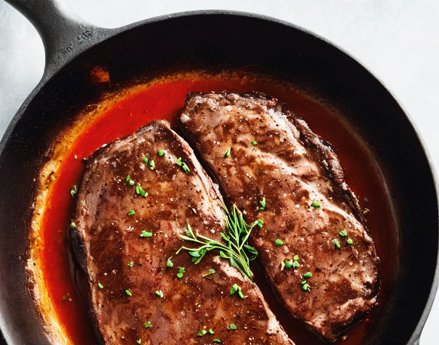 Grilled steaks in cast iron skillet with herbs