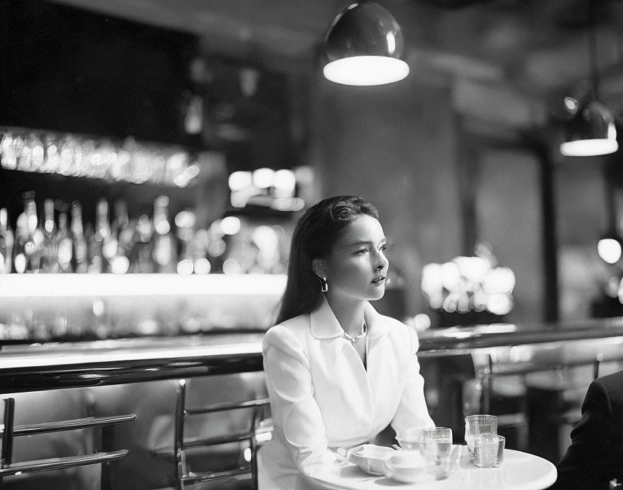 Woman in white blouse at bar with two drinks under hanging lamp