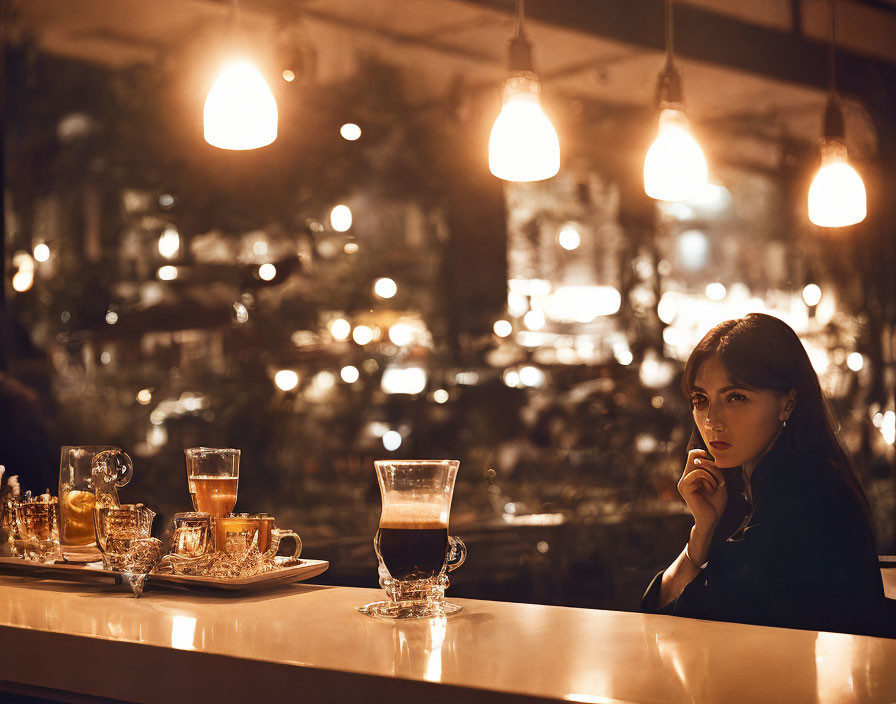 Woman sitting pensively in warmly lit café bar ambiance.