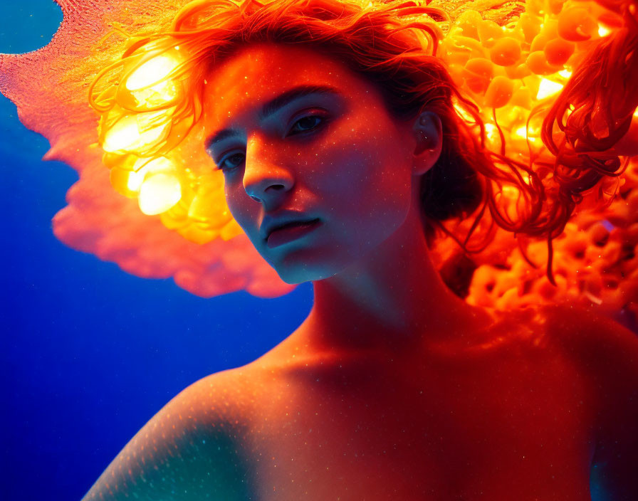 Woman submerged in water with golden glow on face against blue background