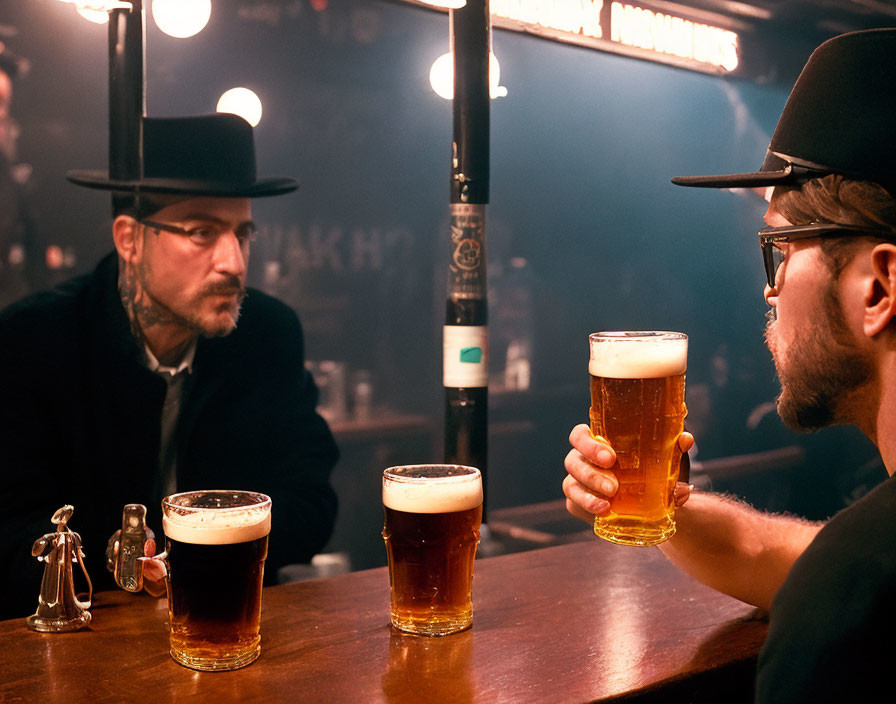 Two men in hats toasting beer glasses at a bar with extra drinks on counter