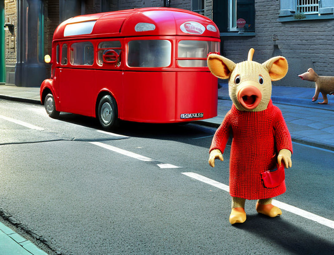 Animated pig characters in red dresses with double-decker bus on city street