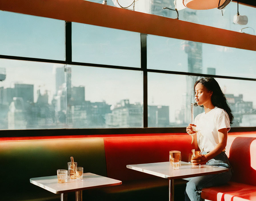 Woman sitting at cafe table with cup, overlooking city through window in sunlight