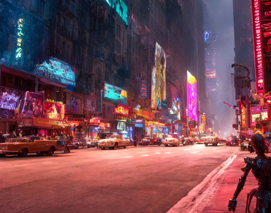 Vibrant neon-lit cityscape at twilight with bustling traffic