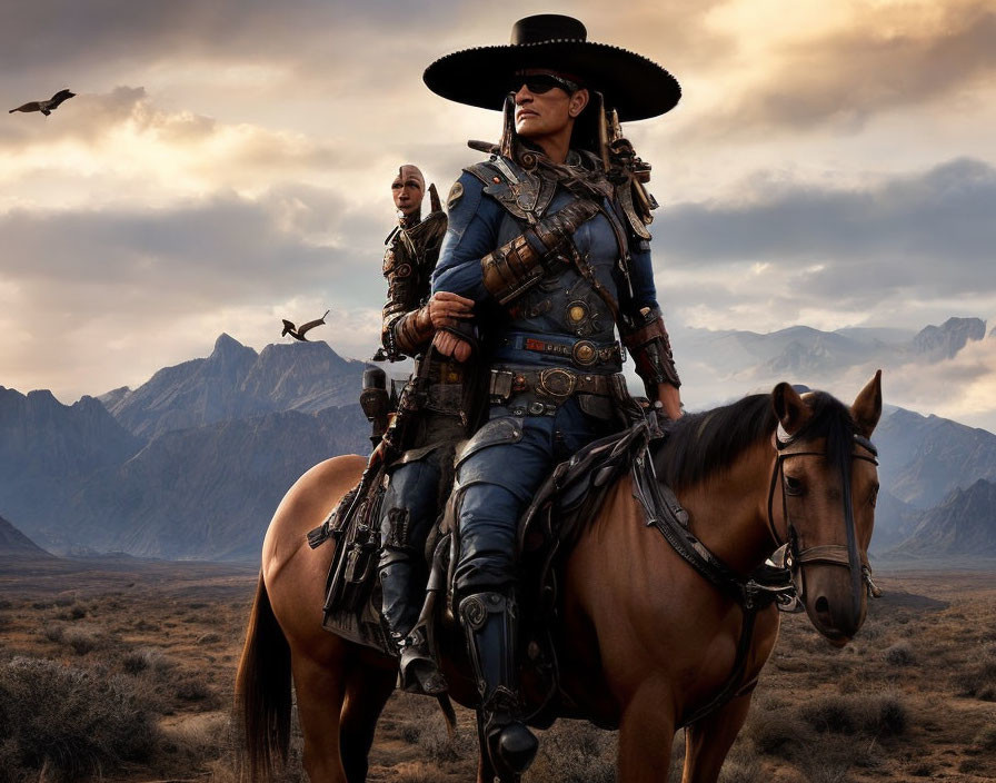 Cowboy riding horse with wide-brimmed hat in mountainous landscape