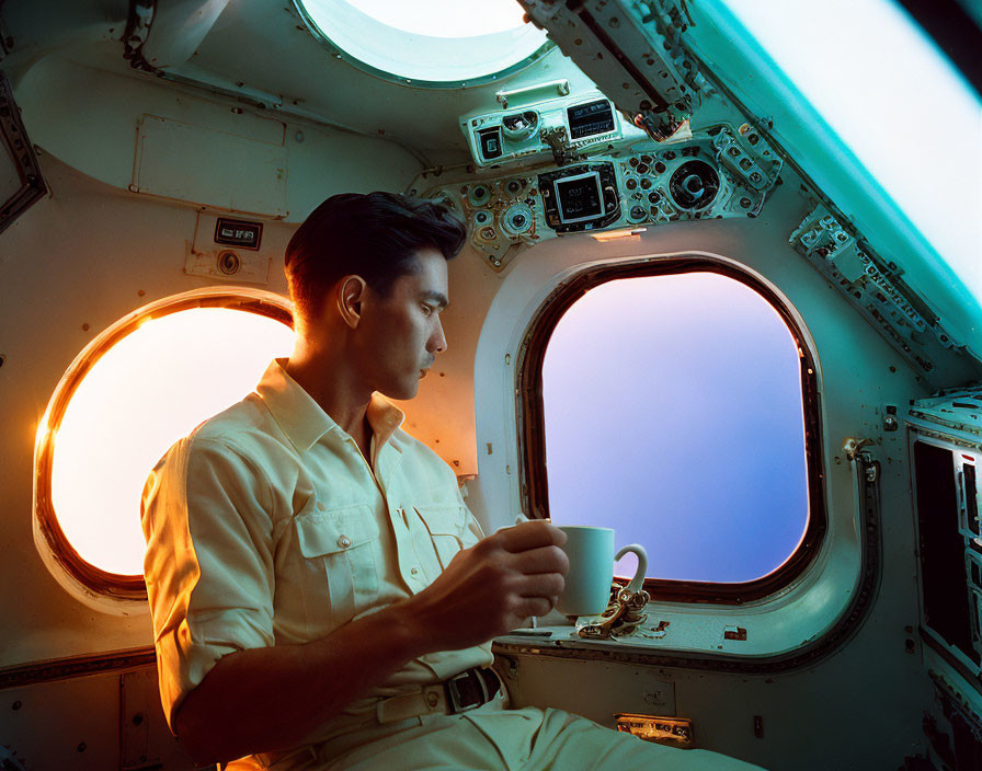 Person in white uniform inside spacecraft with space view through large windows