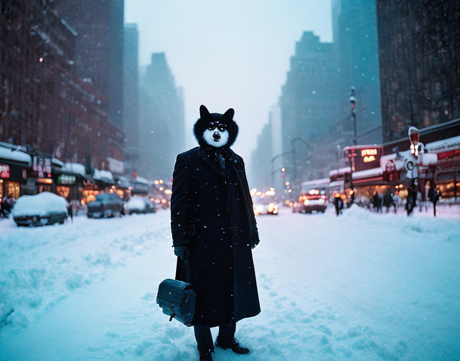 Person with Dog Head Filter on Snow-Covered City Street at Twilight