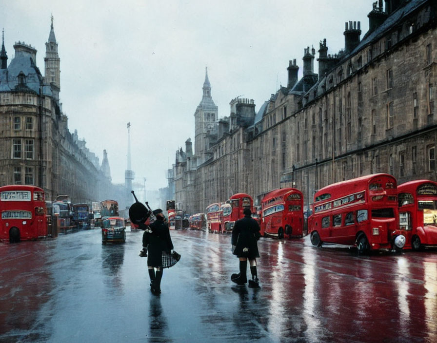 Historic city street on a rainy day with red double-decker buses, classic architecture, and people