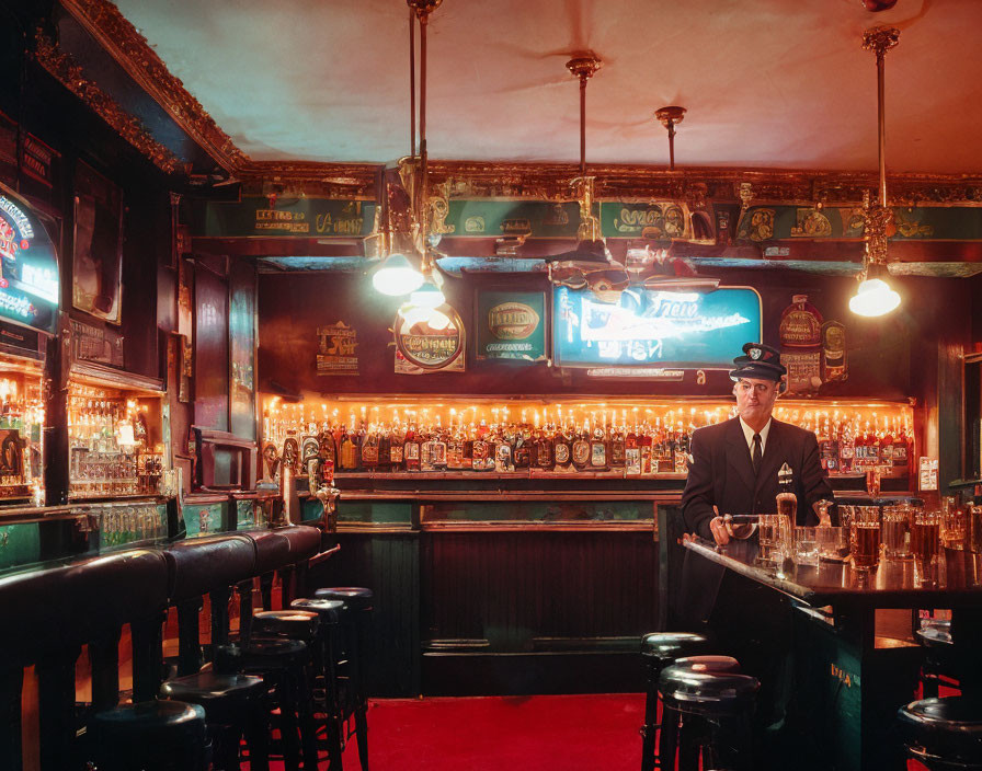 Conductor in uniform behind vintage bar with tap handles and stools