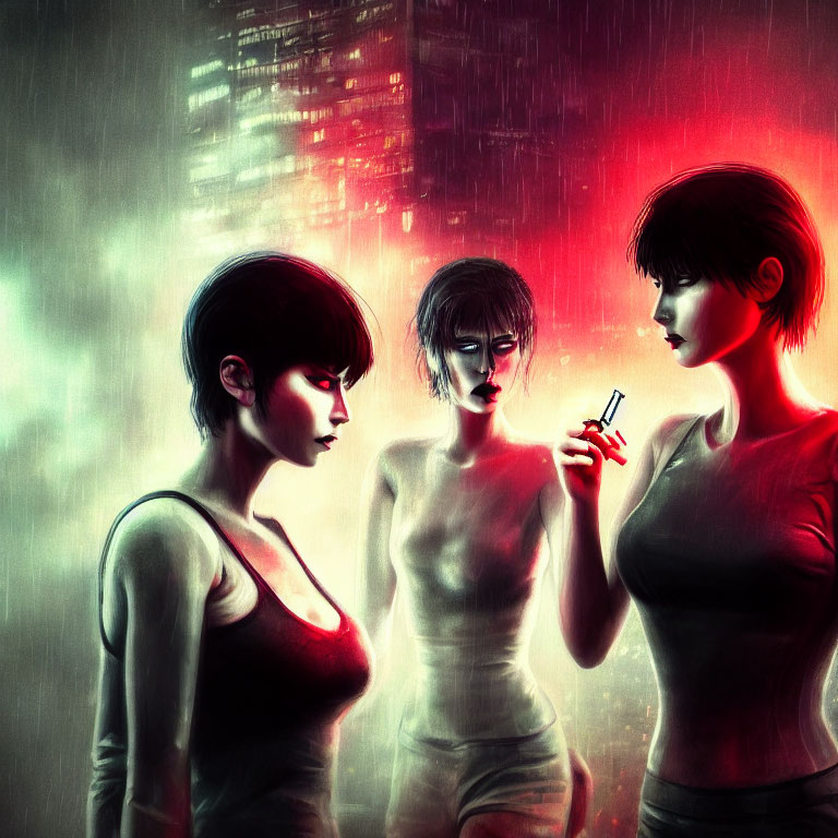 Illustrated women in futuristic setting with neon lights and rain.