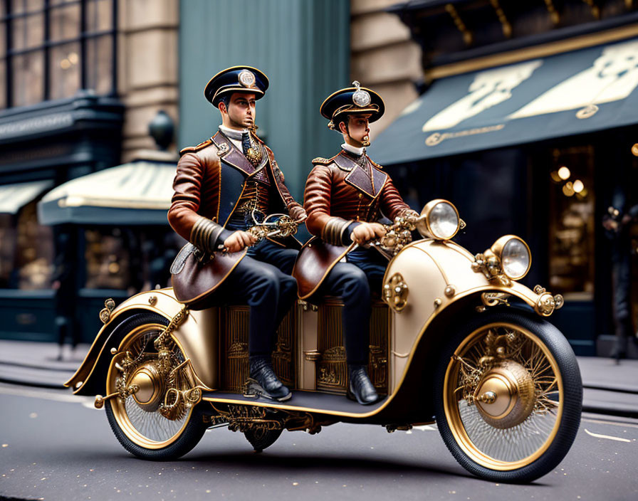 Two individuals in ornate uniforms on vintage tandem motorbike in city setting.