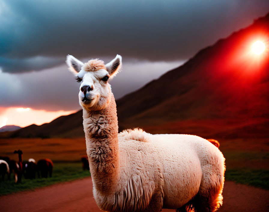 Llama standing on path with dramatic sunset backdrop