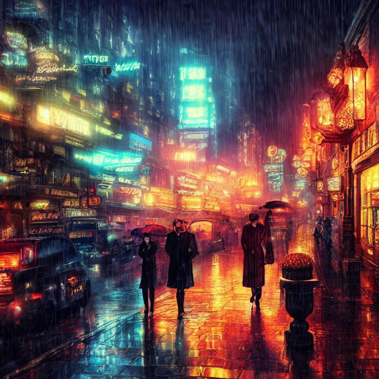 Urban scene: Rainy night, neon lights, wet streets, umbrellas, cars