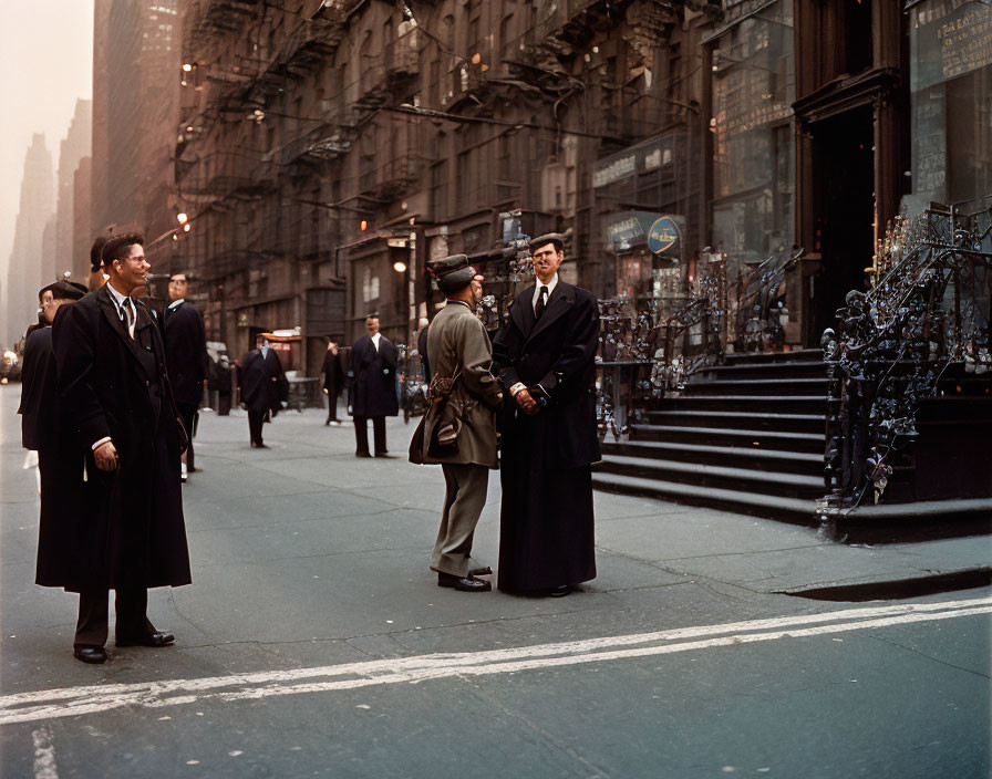 Urban scene: Two men chatting on street corner with bystander in classic city setting.