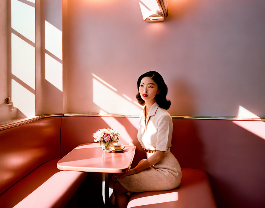 Woman sitting at sunlit diner booth with small bouquet, looking contemplative