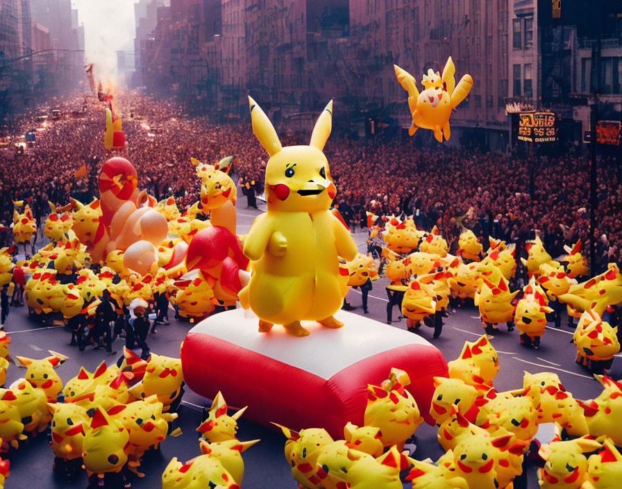 Colorful parade with central float and giant character in front of cheering crowd