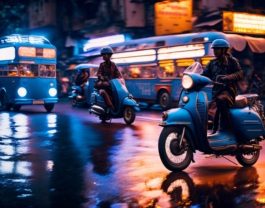 Night scene: Two people on scooters, wet street, blue bus, city lights reflection.