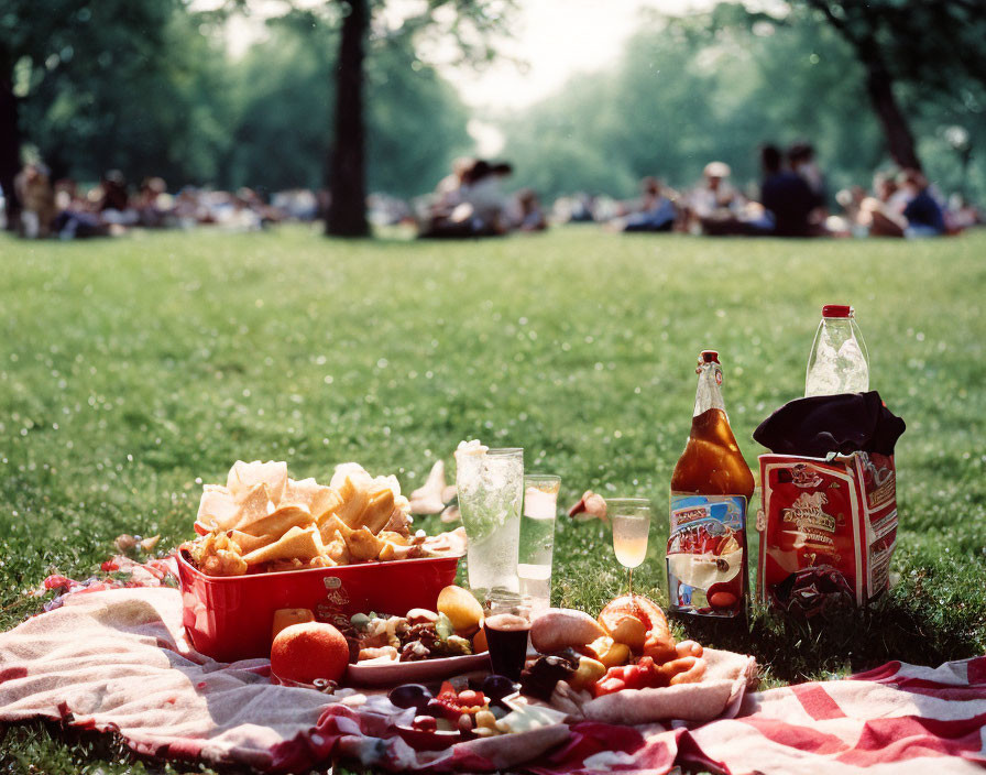 Checkered blanket picnic with snacks and drinks in sunlit park