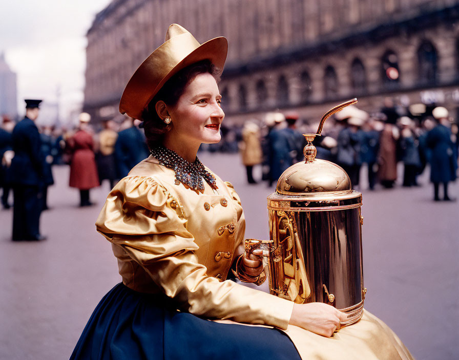 Golden-dressed woman with samovar in bustling street scene