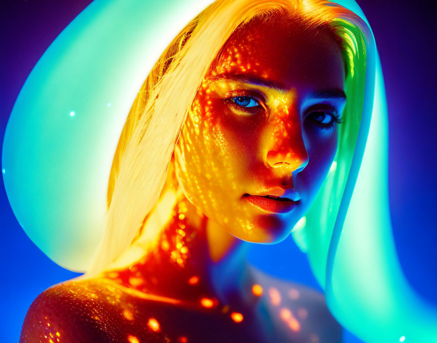 Woman illuminated by vibrant blue and orange neon lights