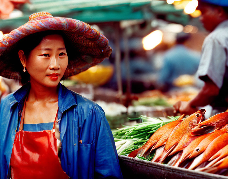 Woman in Colorful Hat by Market Stall with Fresh Fish and Green Onions