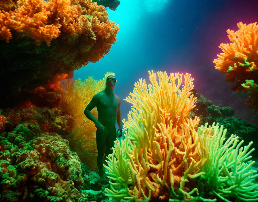 Underwater Diver near Vibrant Orange Coral with Sunlight Beams