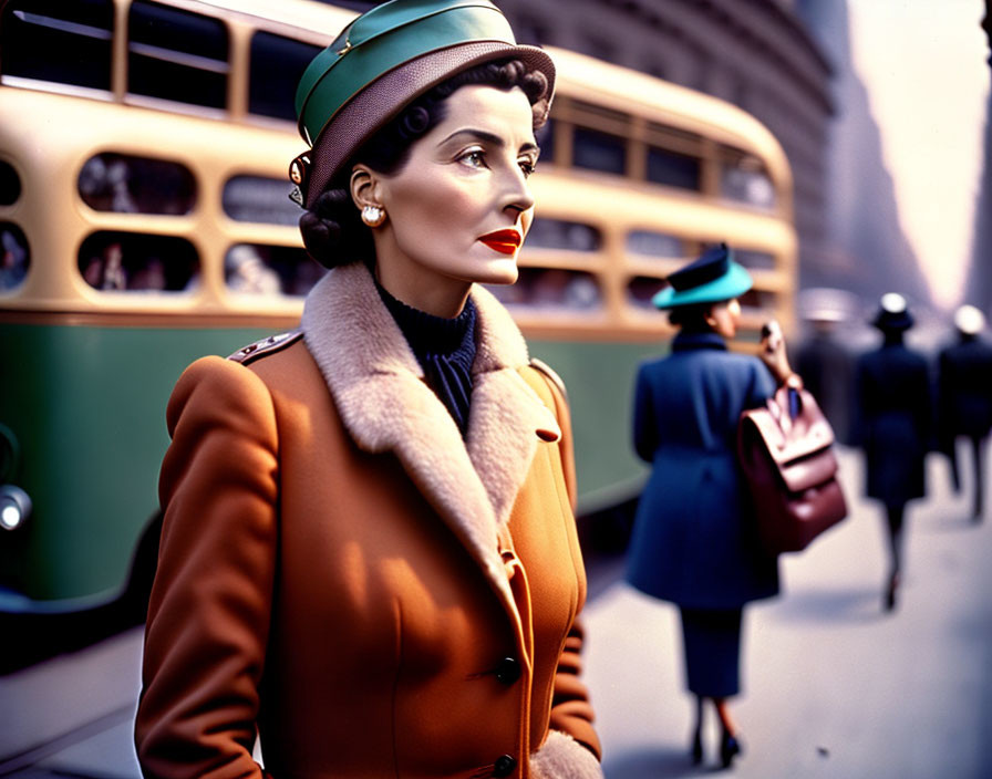 Vintage woman in brown coat and green hat by classic bus.