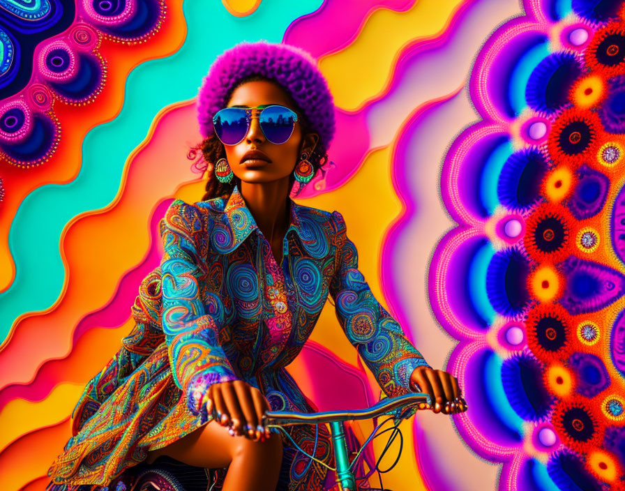 Afro woman in vibrant attire on bicycle with psychedelic background.