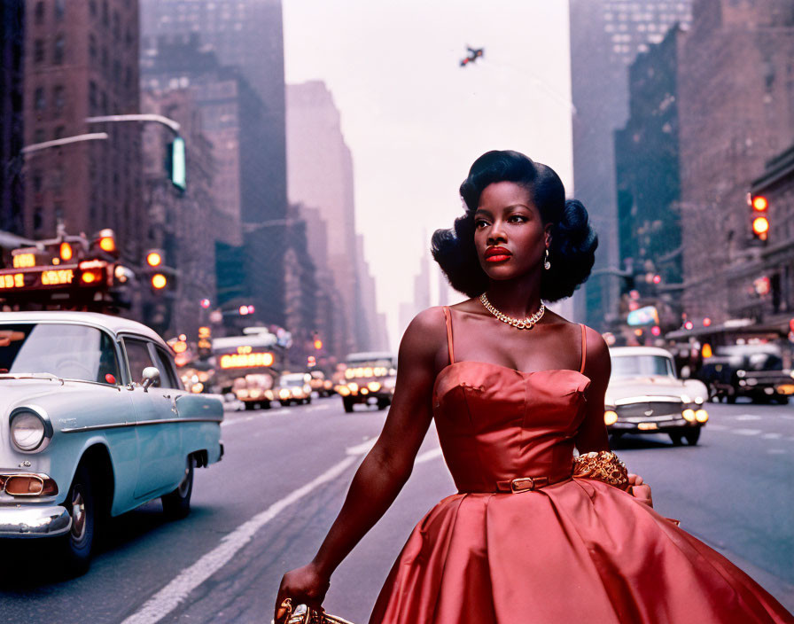 Vintage Peach Dress & Gold Accessories on City Street