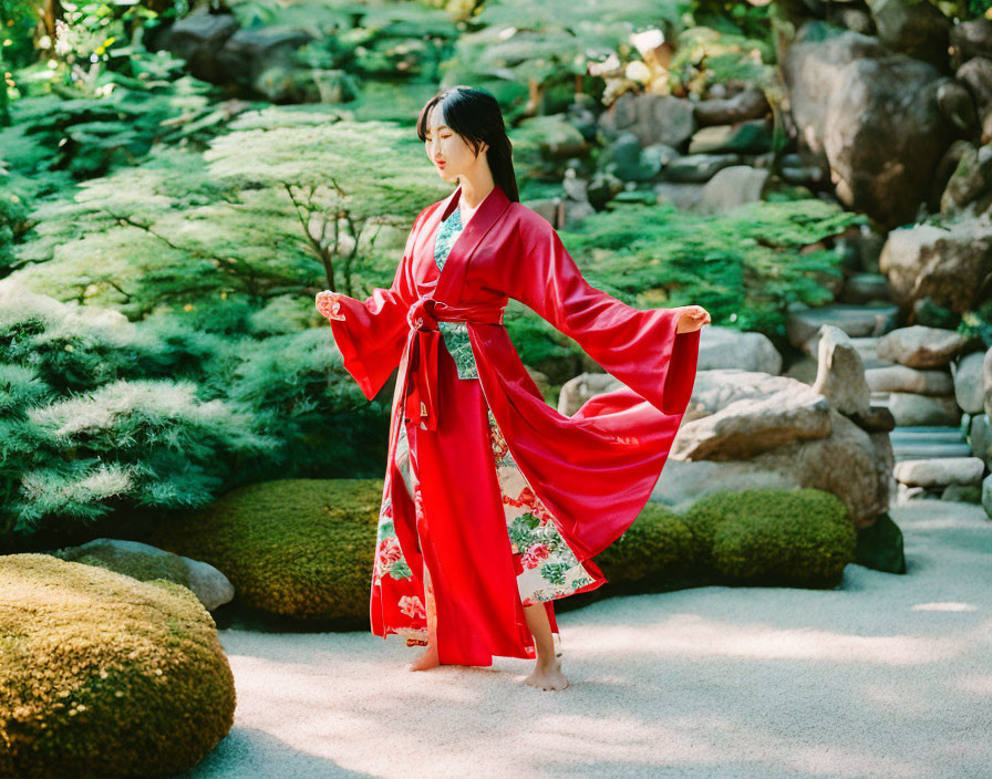 Woman in Red Kimono Standing in Serene Garden with Floral Patterns