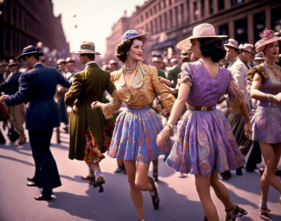 Three women in vintage dresses and hats stroll arm in arm in a bustling street.