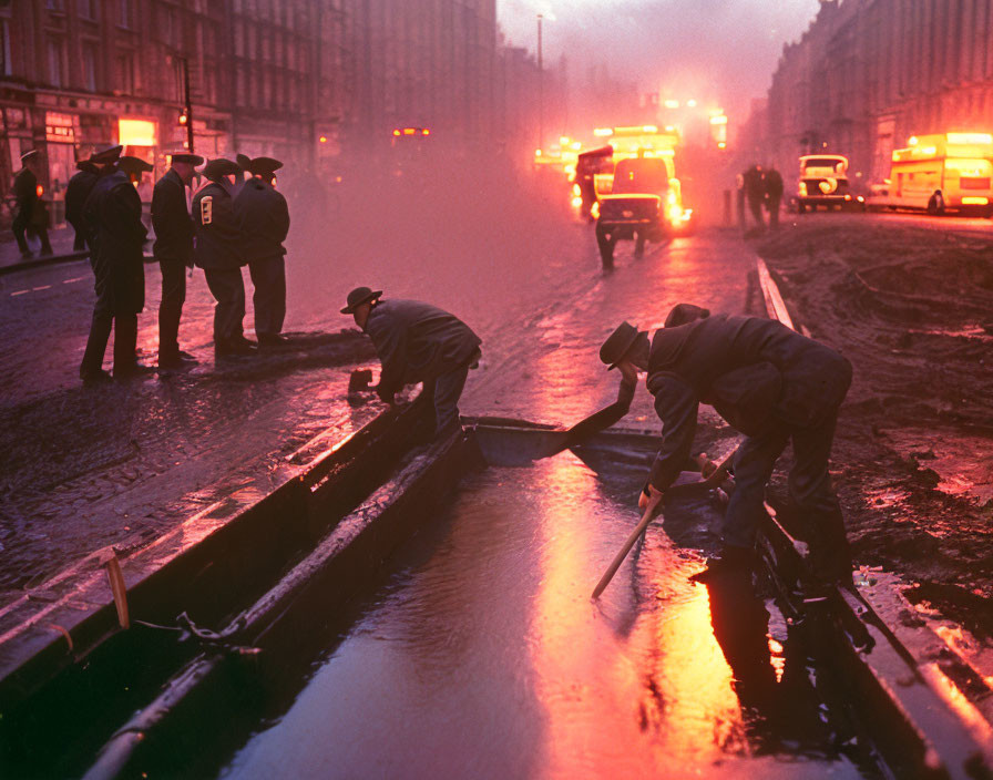 City street asphalt laying at dusk with vehicles and pedestrians in hazy, reddish ambiance