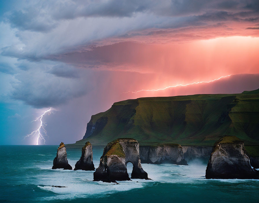 Dramatic coastal landscape with lightning strike and fiery sunset skies.