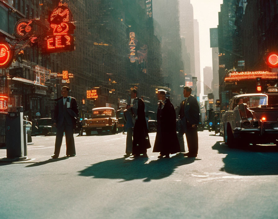 Classic city street scene with well-dressed pedestrians, vintage cars, and retro neon signs